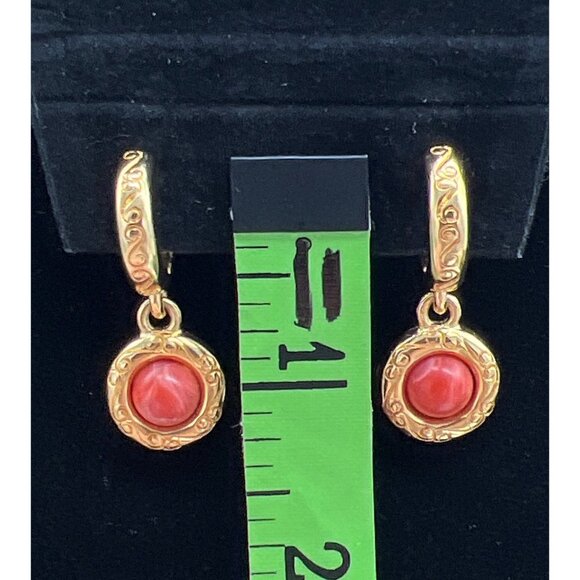 Gold-Tone Monet Hoop Earrings With Red Cabochon Dangles Vintage Style - Picture 4 of 7